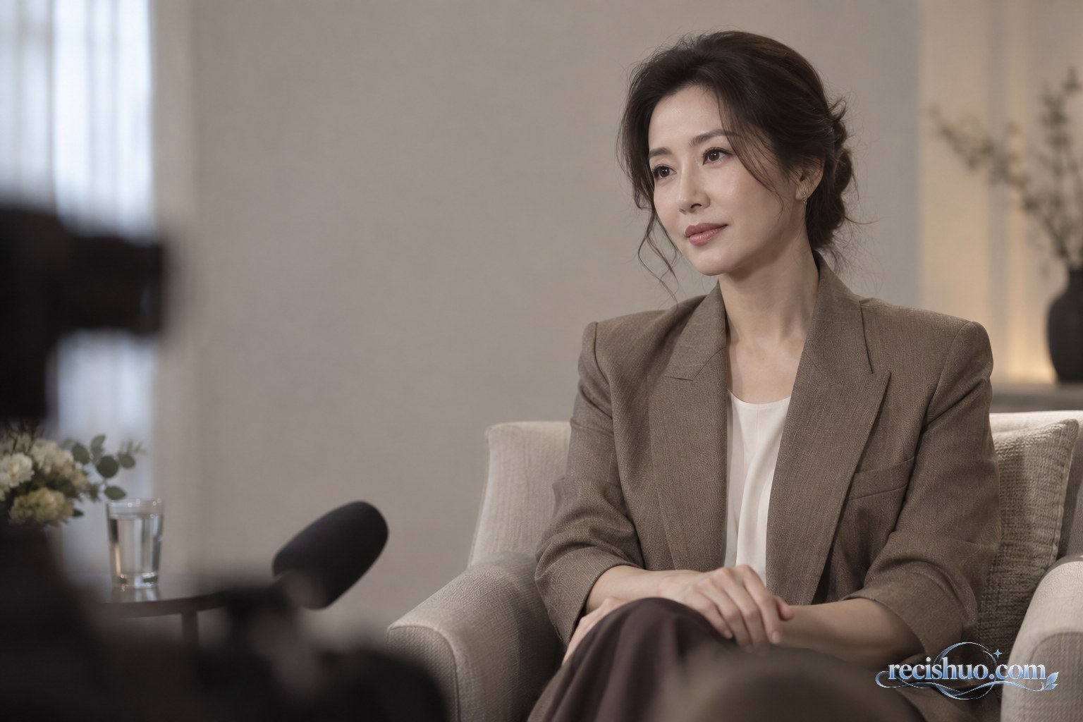 虚构女演员在安静的访谈环境中从容回应提问