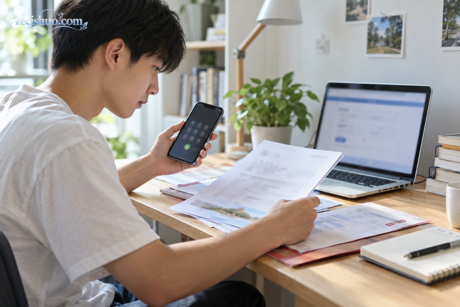 大学新生核对入学材料并准备致电学校咨询填报要求