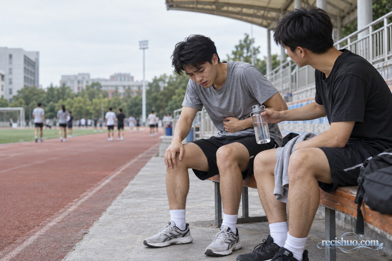 体育课后出现腹部不适的大学生在操场边由同学照看
