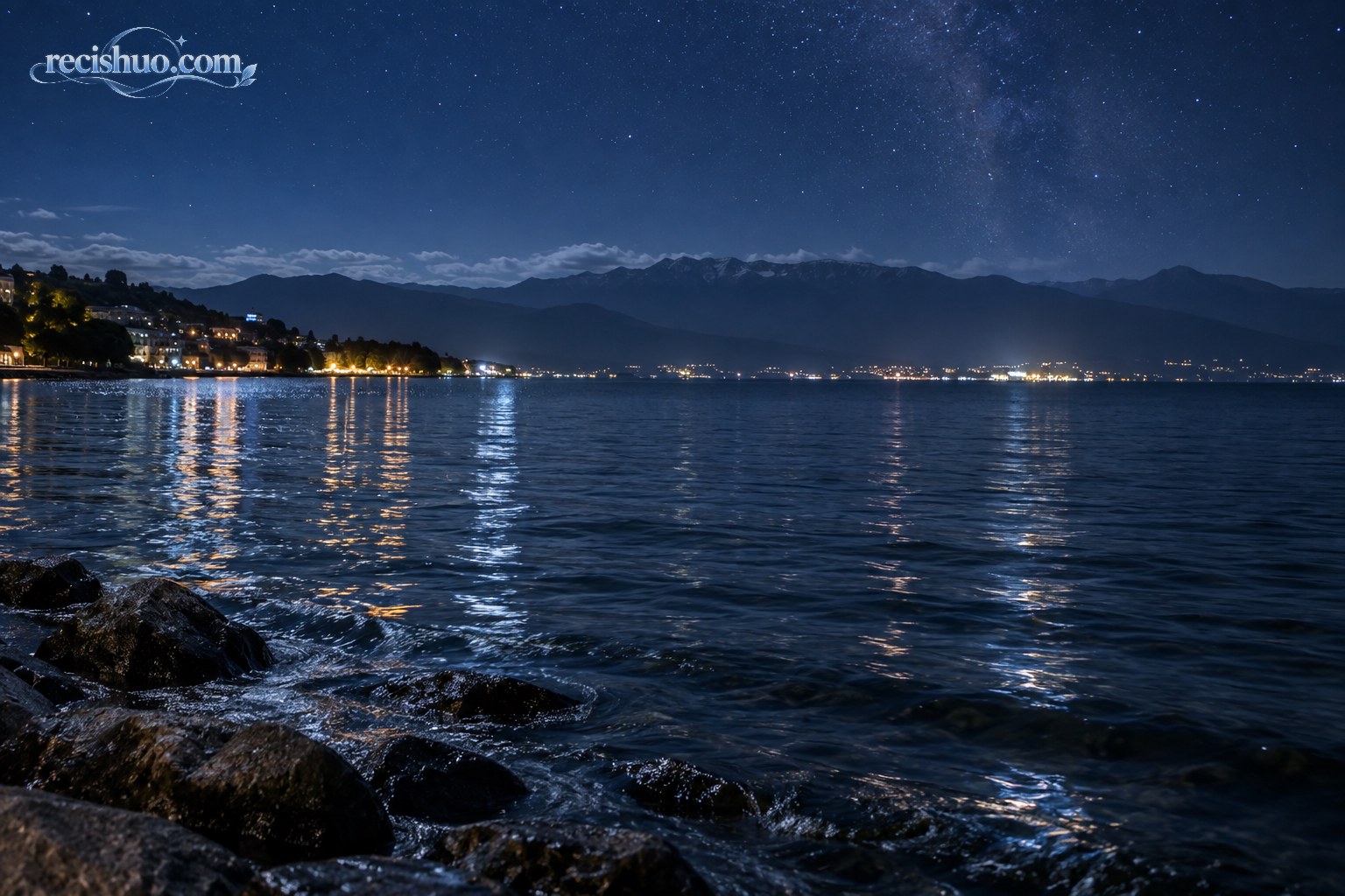 星空、远山与岸边灯光映照下的洱海蓝调夜景