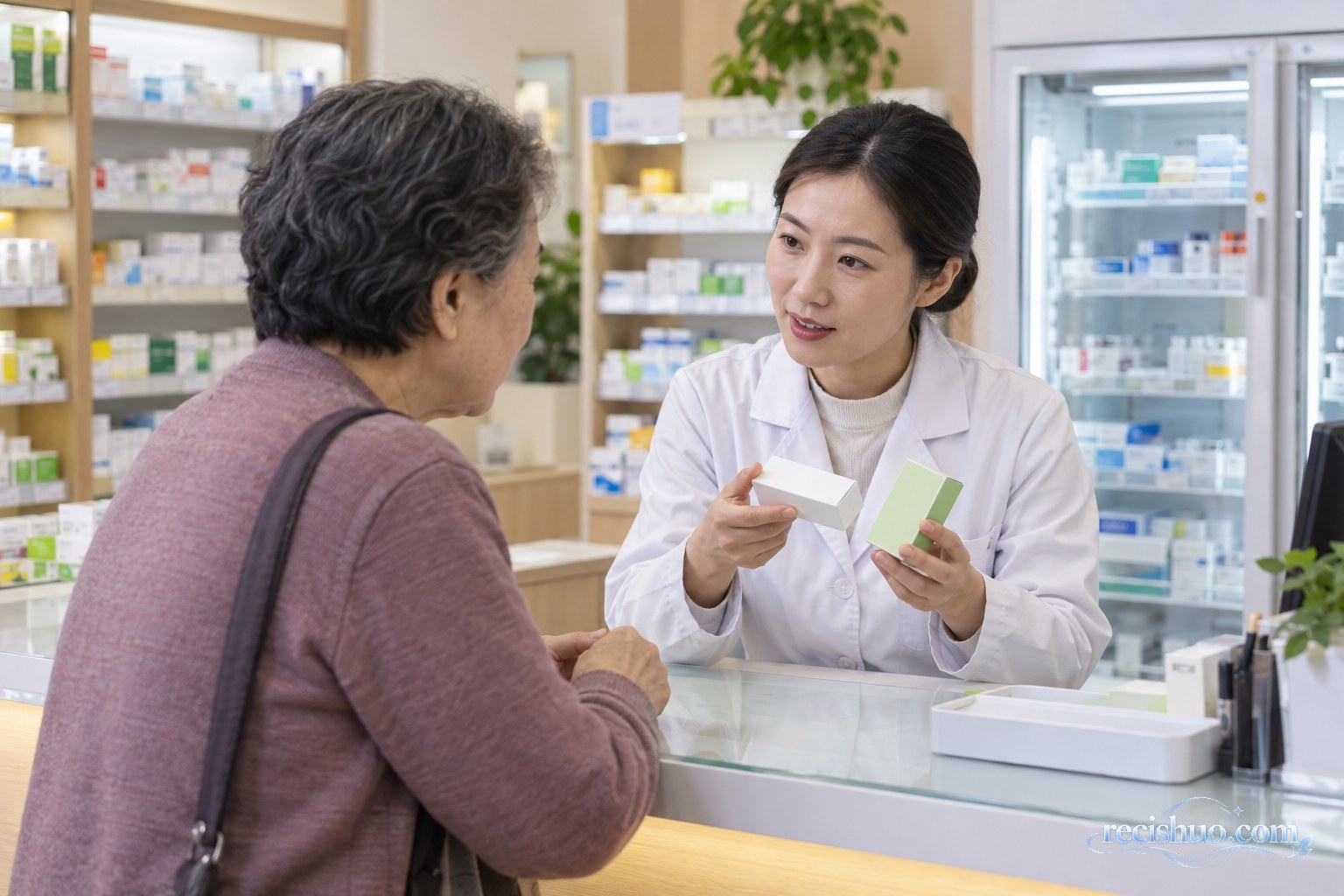 社区药师向中老年居民讲解不同药品的使用注意事项