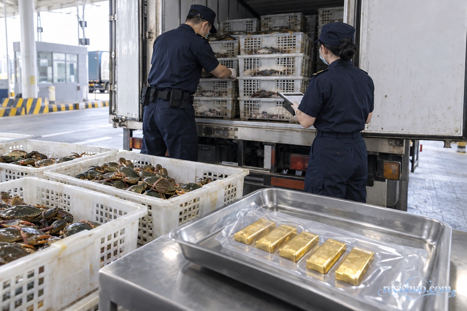 海关关员在货运查验区检查装载活青蟹的货车及相关黄金物品
