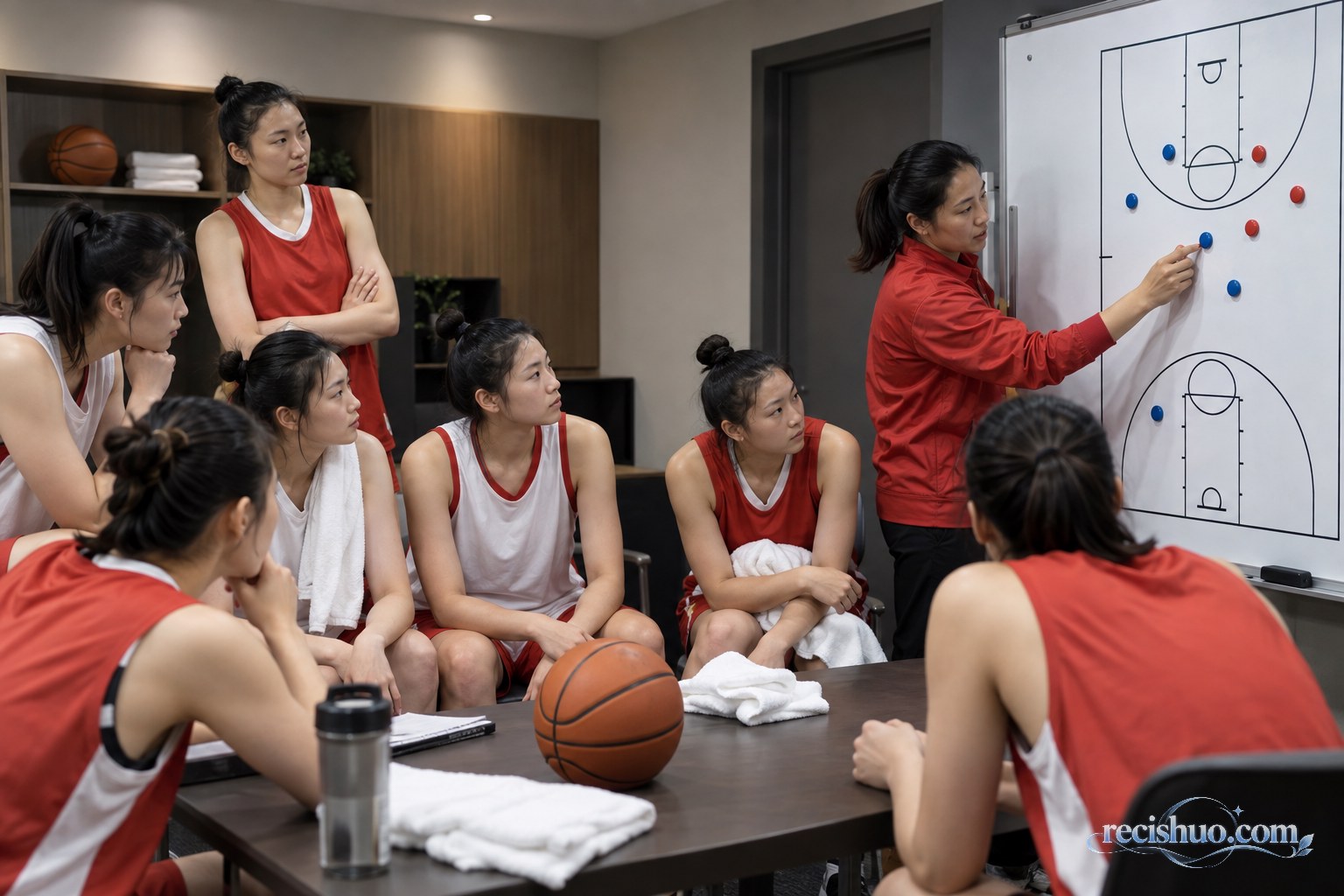 女子篮球队在战术分析室围绕半场战术板进行赛后复盘