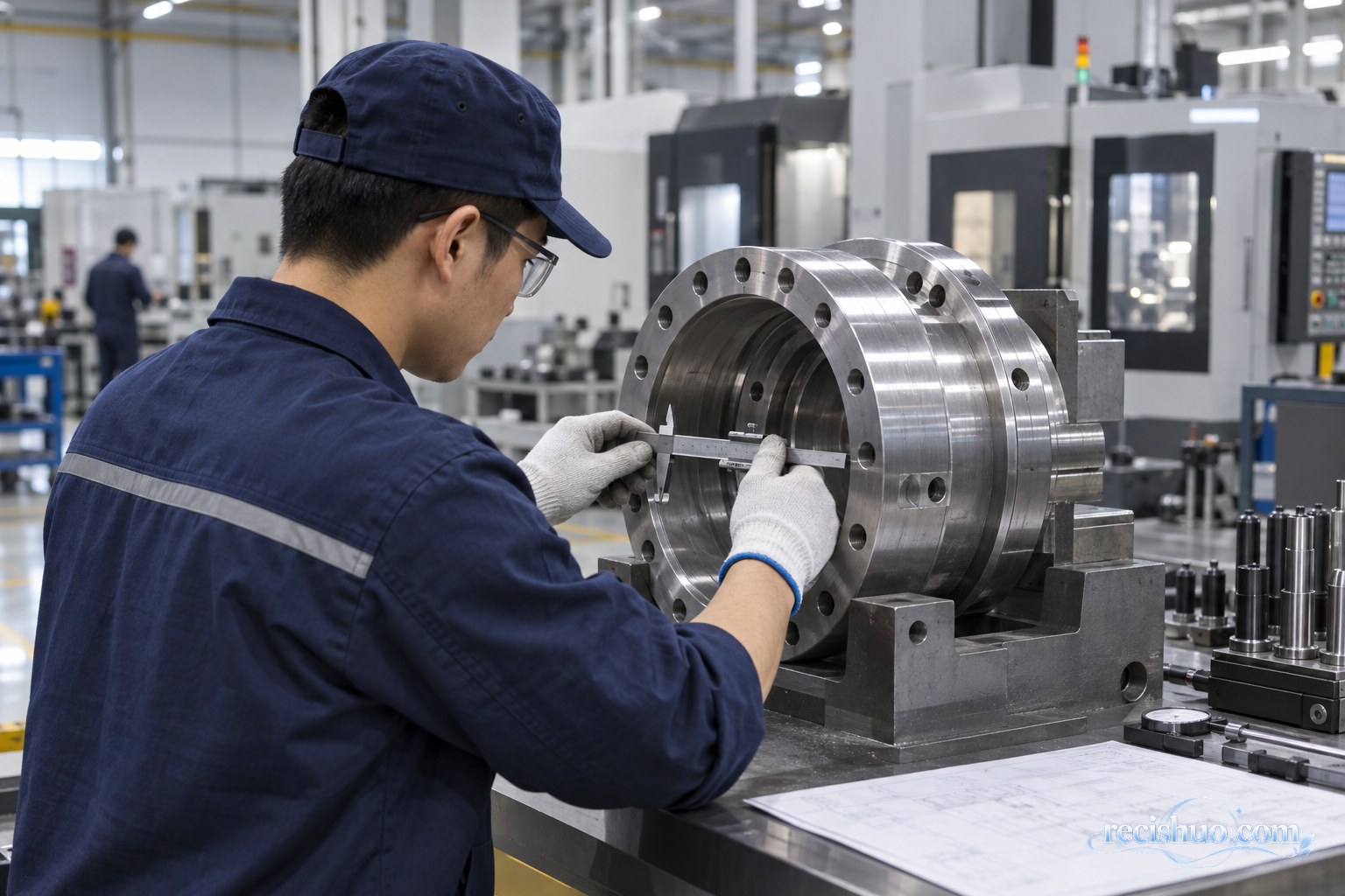 工程技术人员使用量具检查精密金属部件