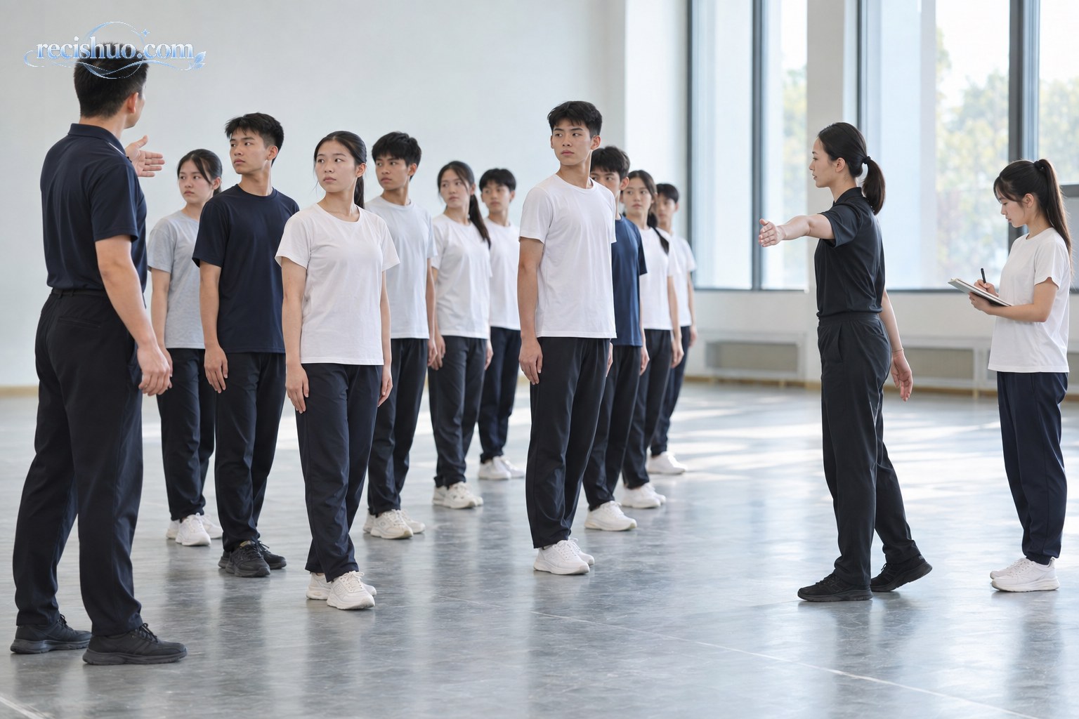 青少年代表在室内训练馆练习队列与礼仪动作