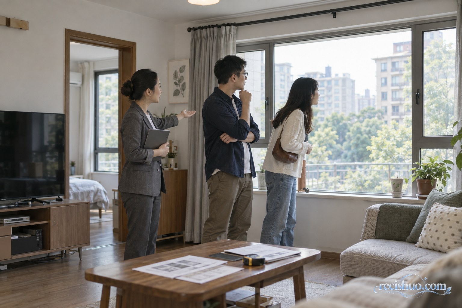 购房者在中介陪同下查看二手住宅的采光与室内维护状况