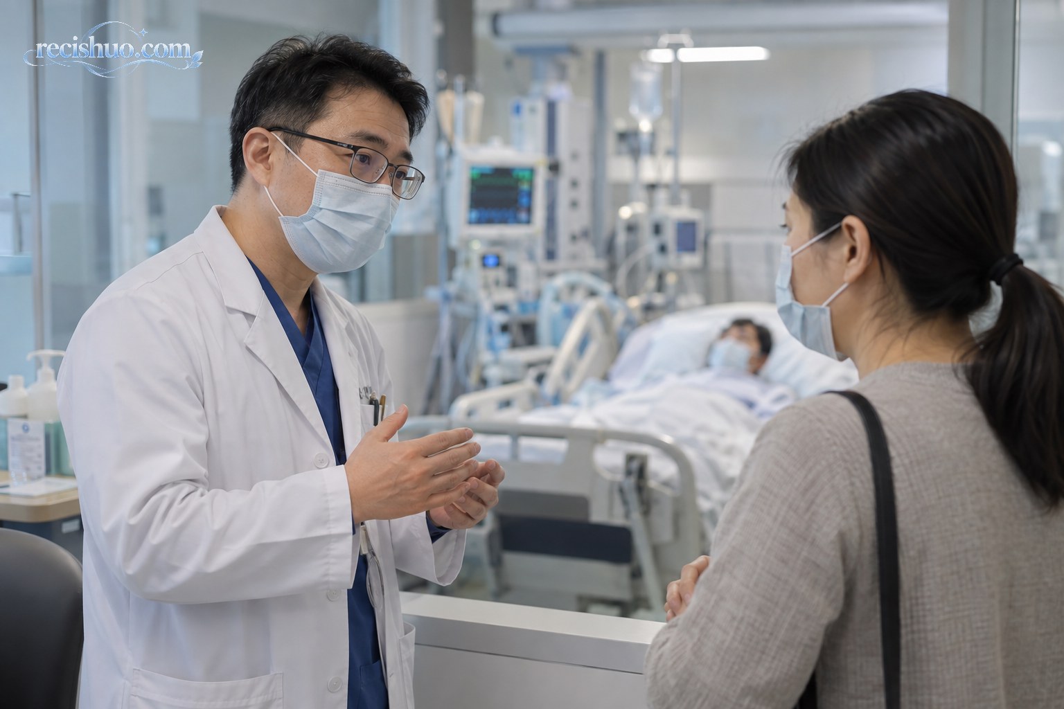 医生在监护病房外向患者家属说明治疗后的注意事项
