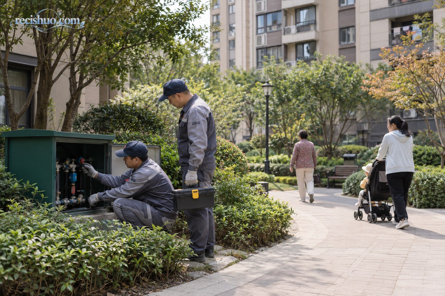 维修人员在成熟住宅小区检查公共管线设施，居民从步道经过