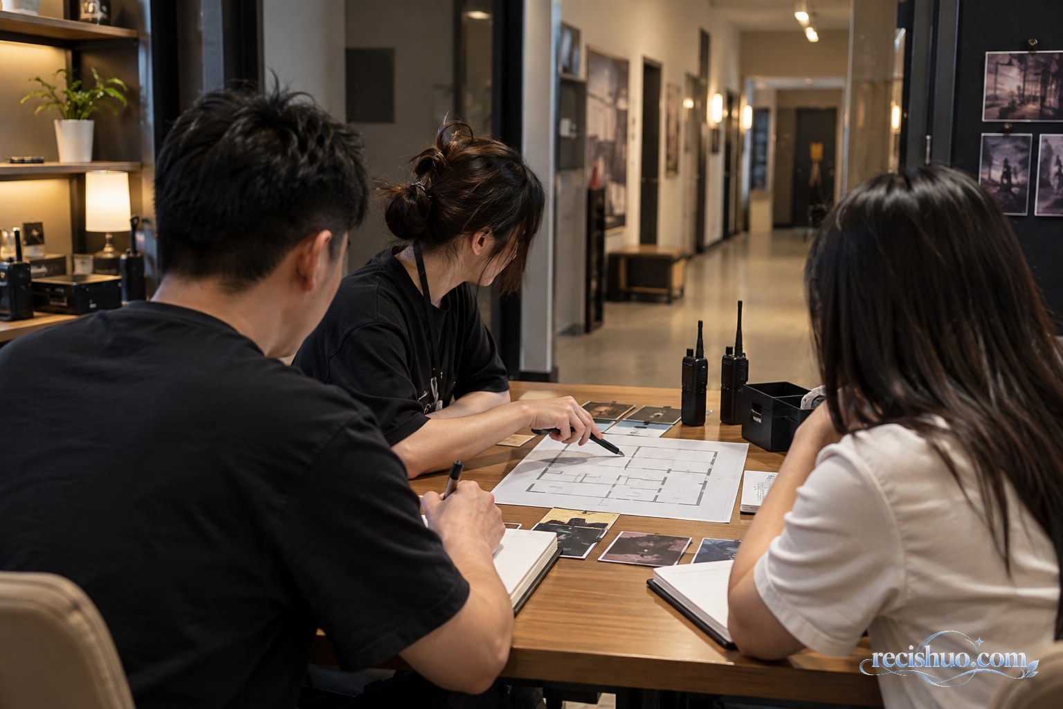 三名成年工作人员在剧本游戏门店内复盘流程并检查场地安全安排