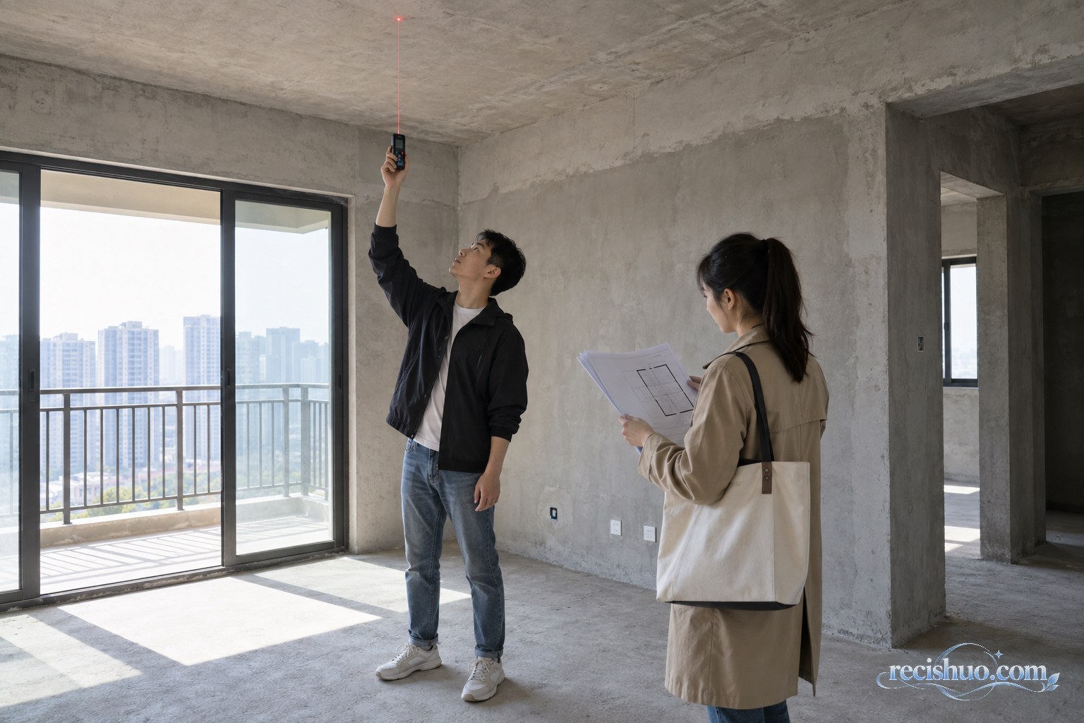 购房者在毛坯住宅内使用激光测距仪核验室内高度