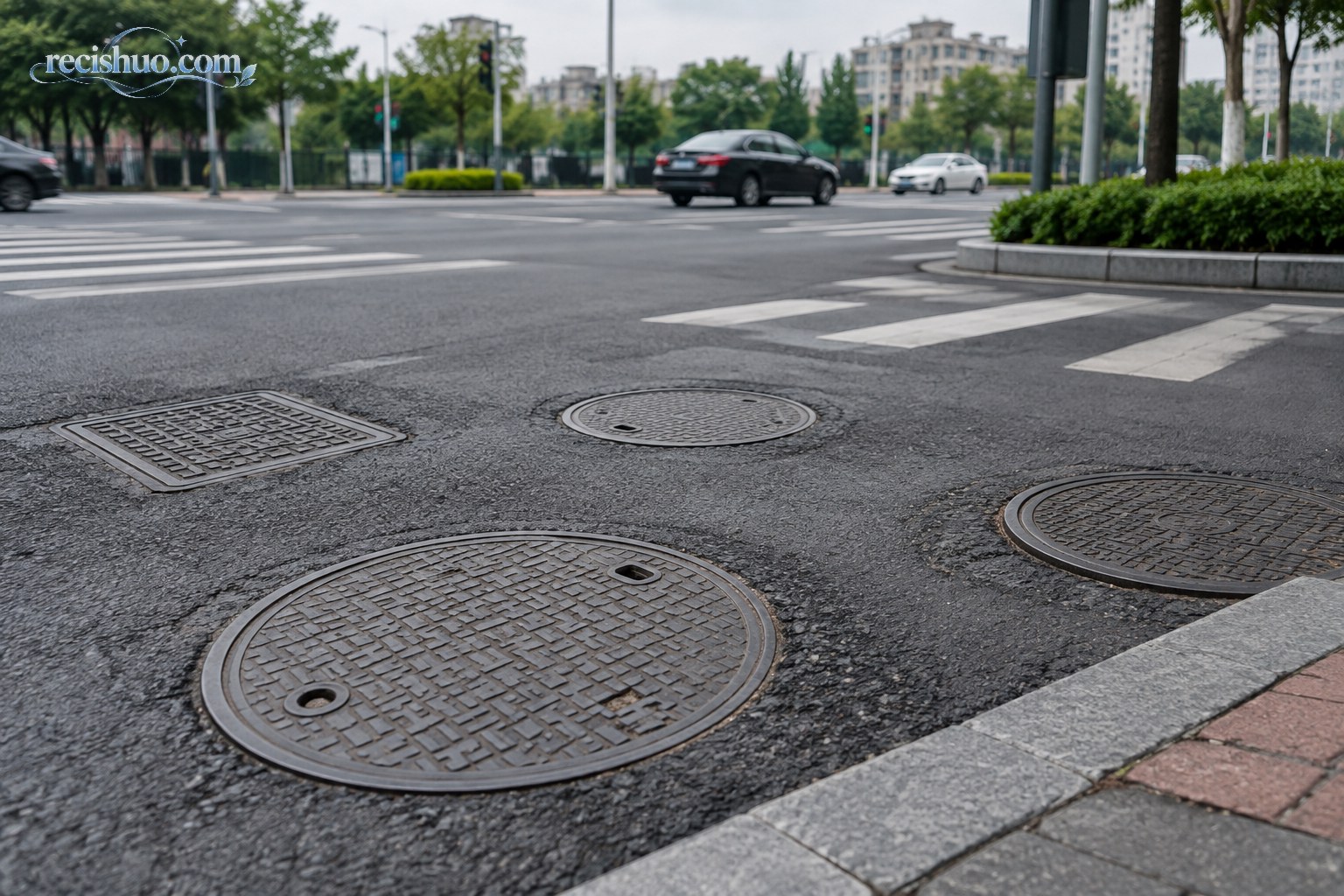 城市路口附近多个不同规格的井盖分布在沥青路面上