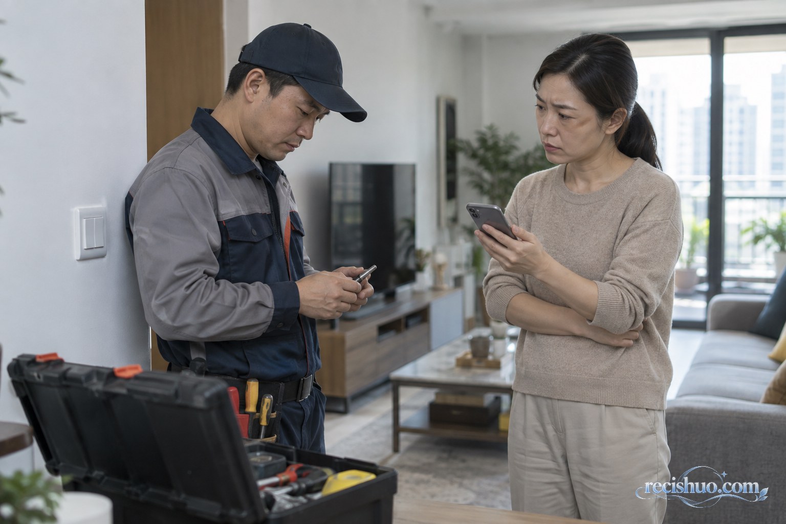 住户查看手机账单并与检查墙壁开关的维修人员沟通费用