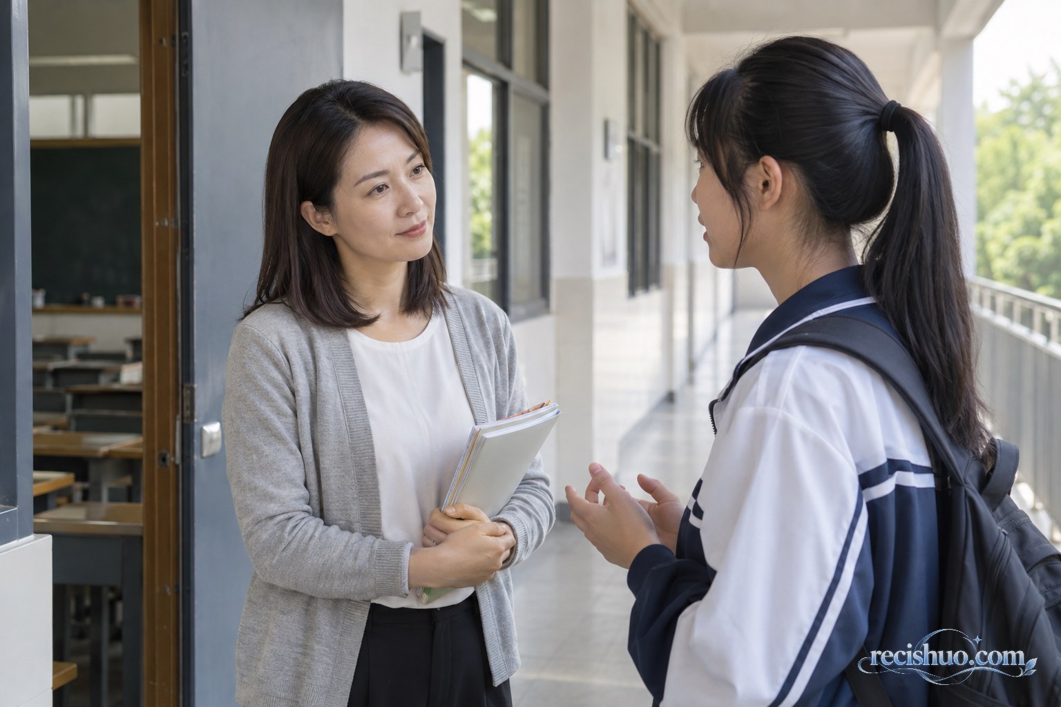 女教师在教室外的走廊耐心倾听一名学生表达困惑
