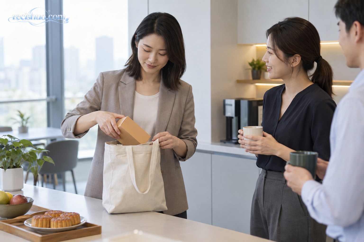 职场人在办公室茶水间把月饼礼盒放入布袋并与同事交谈