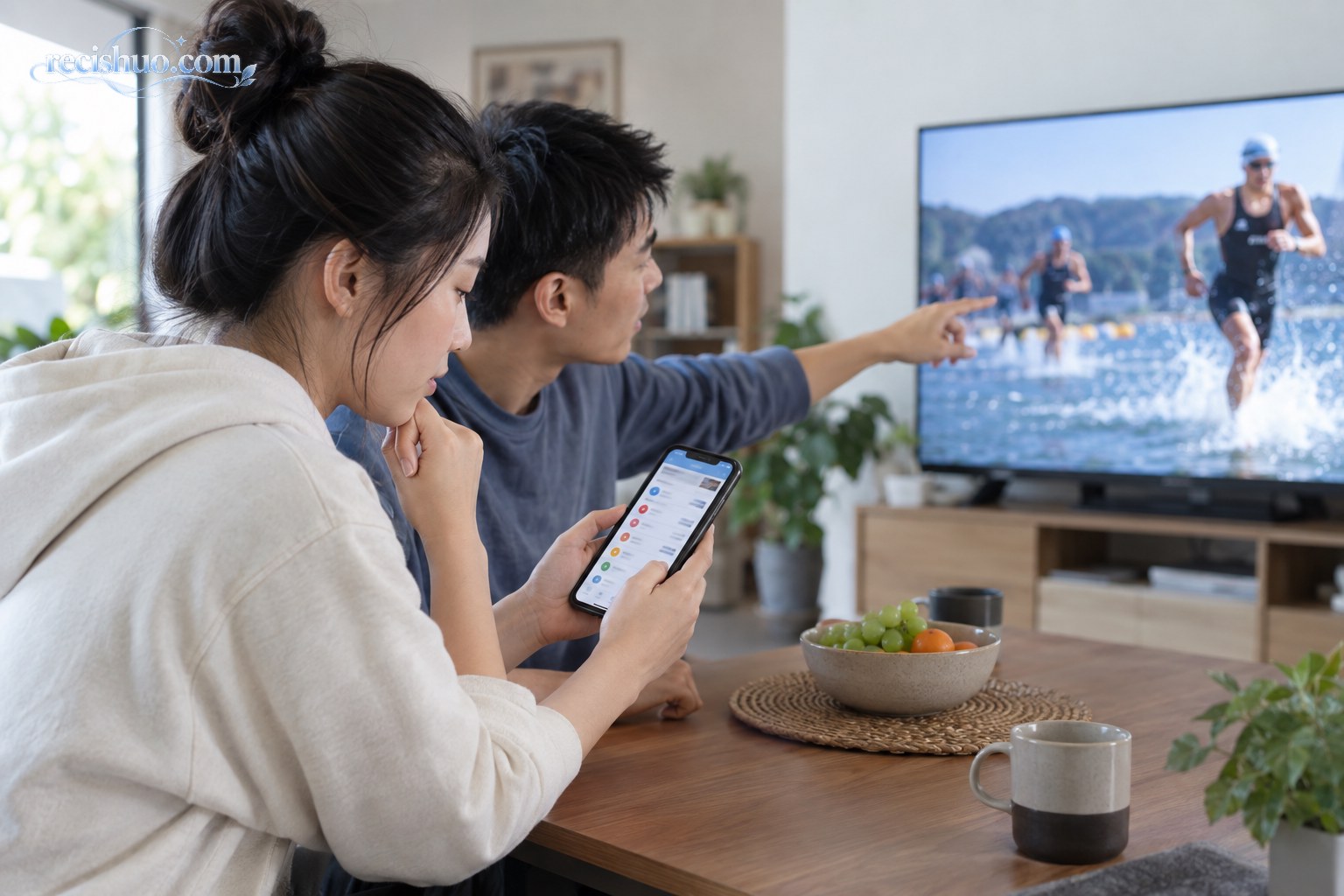 两名观众一边观看铁人三项比赛一边用手机核对赛事信息