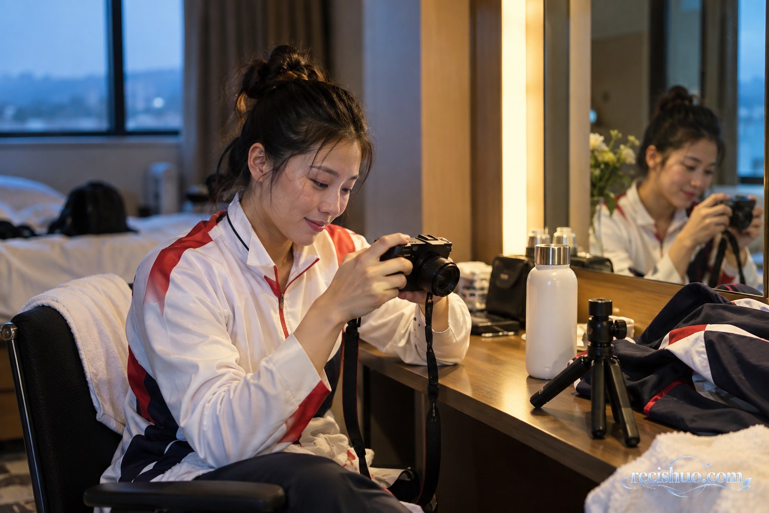 女子运动员在休息室使用相机回看幕后拍摄素材