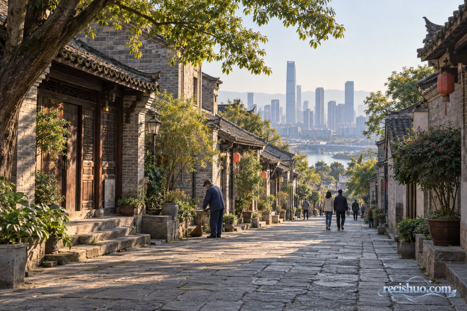 传统历史街巷与现代城市天际线在晨光中自然衔接