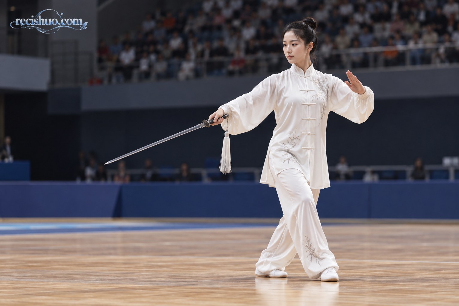 女子武术运动员在室内赛场完成太极剑动作