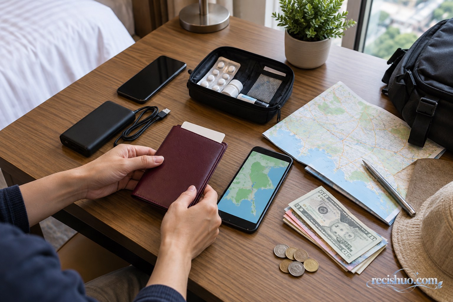 旅客在房间内整理证件、药品和通信设备等应急物品