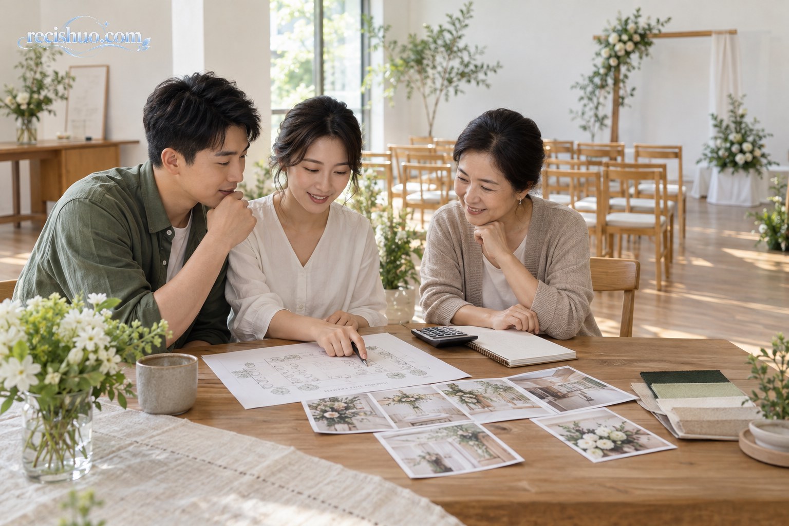 年轻伴侣与家人在简约婚礼场地核对布置方案和预算