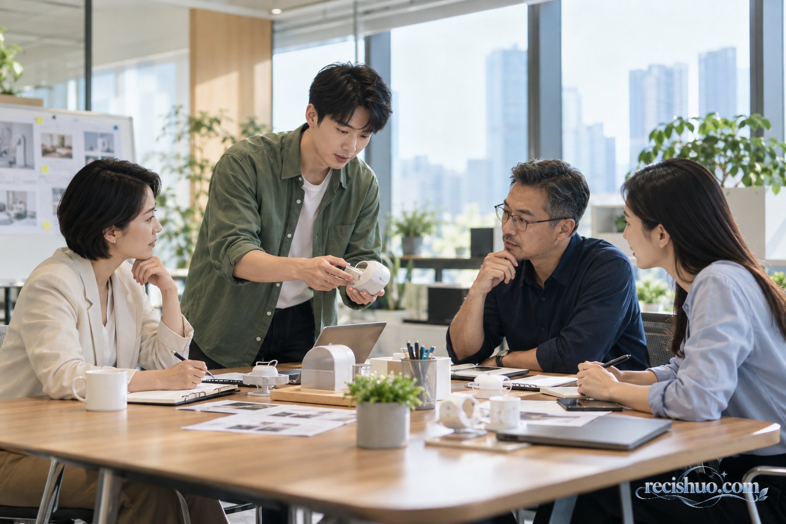候选人展示实物原型，多名招聘人员围绕实际任务进行讨论