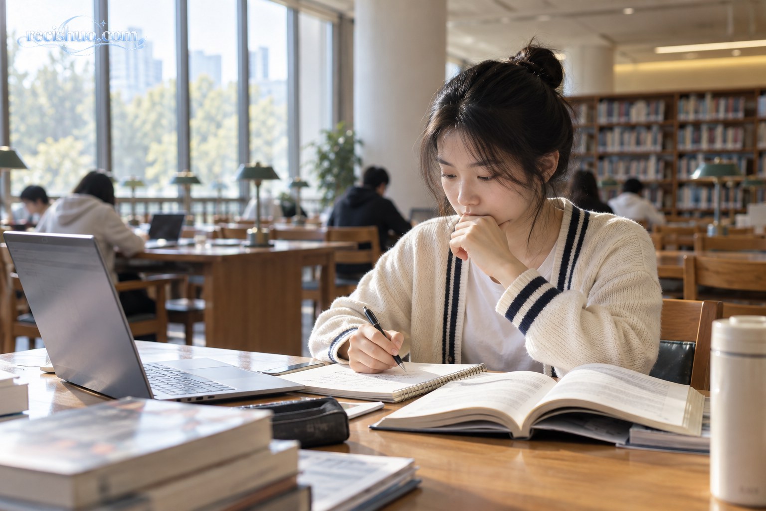 大学生在图书馆结合电脑、书本和手写笔记独立思考