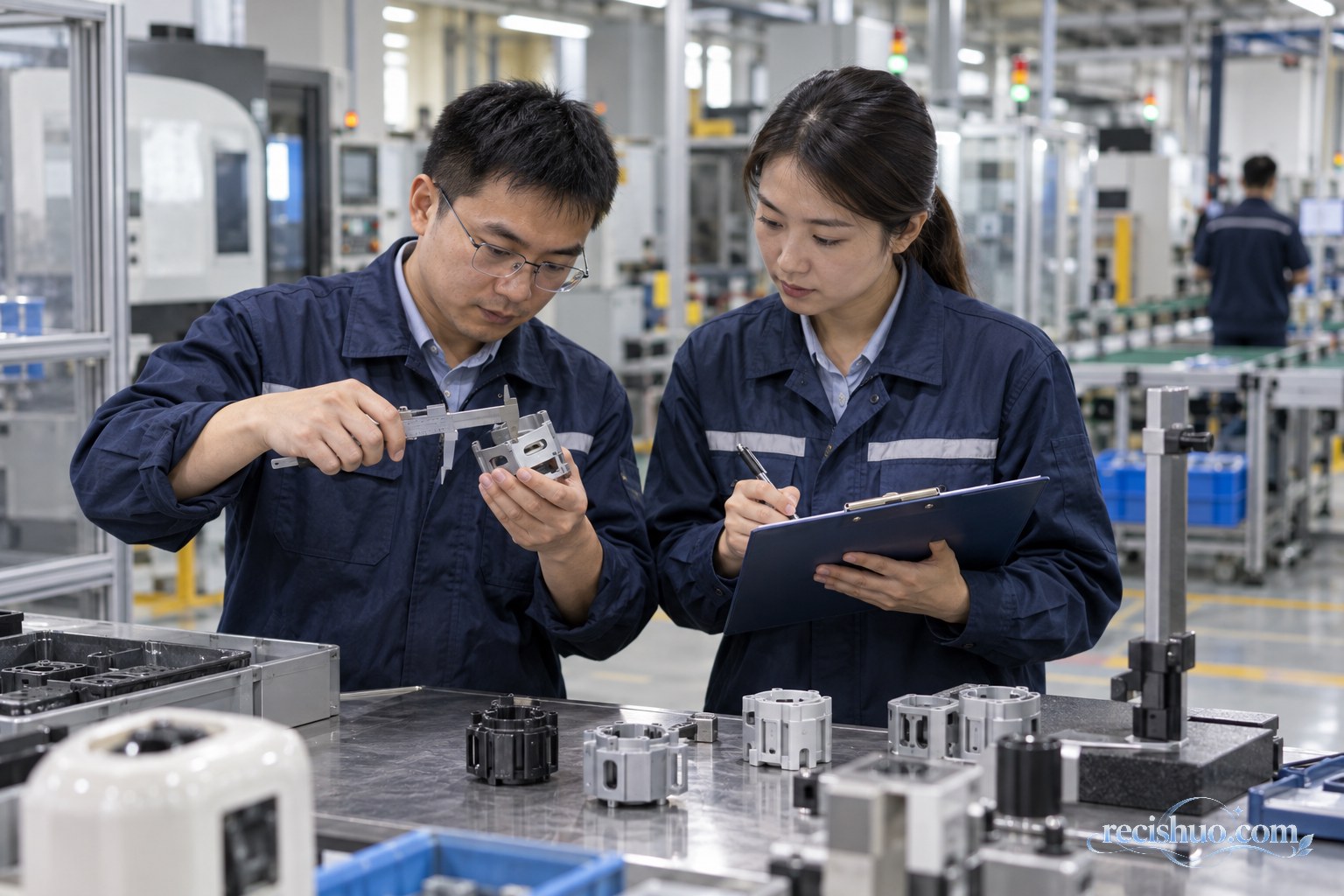 制造企业技术人员使用游标卡尺检查零部件质量