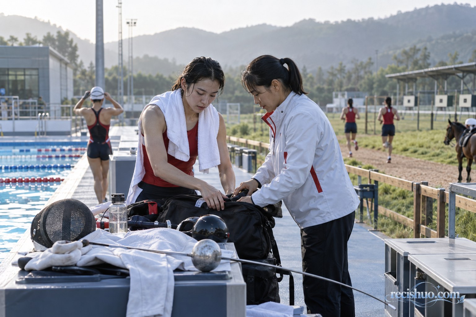 女子现代五项运动员与教练在综合训练场整理不同项目所需装备