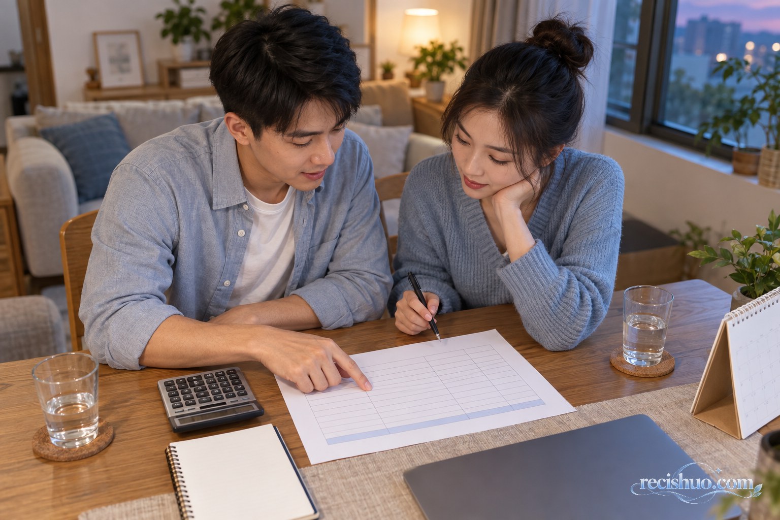年轻伴侣在家中共同核算婚事预算并讨论开支边界