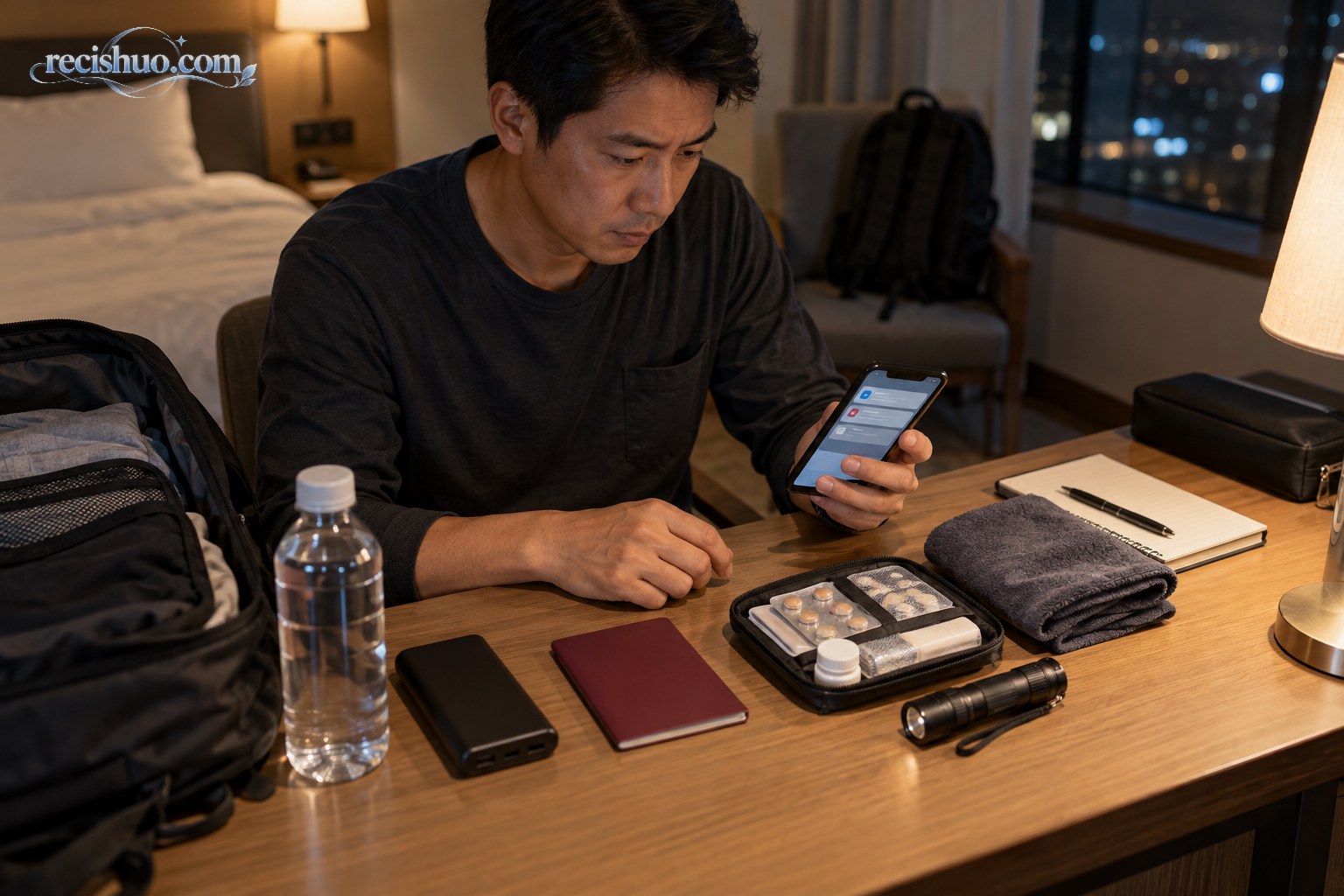海外旅客整理饮水、药品、充电宝和手电并用手机核对通知