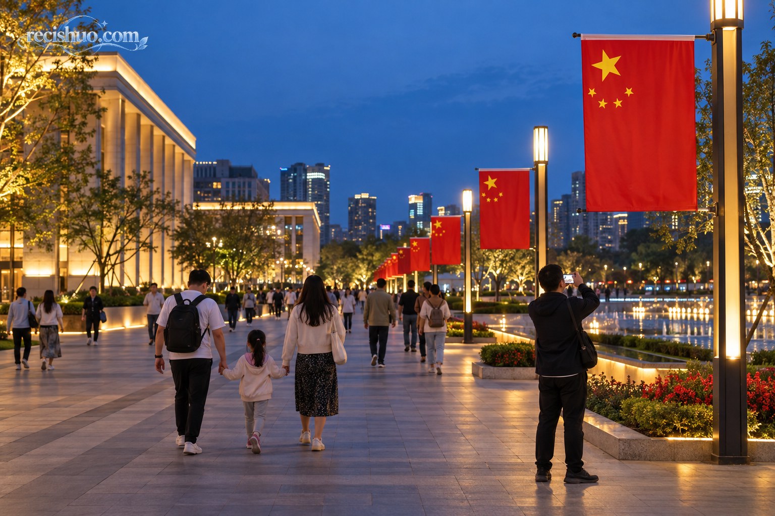 蓝调时刻的城市广场悬挂国旗,市民沿通畅步道文明游览和拍照