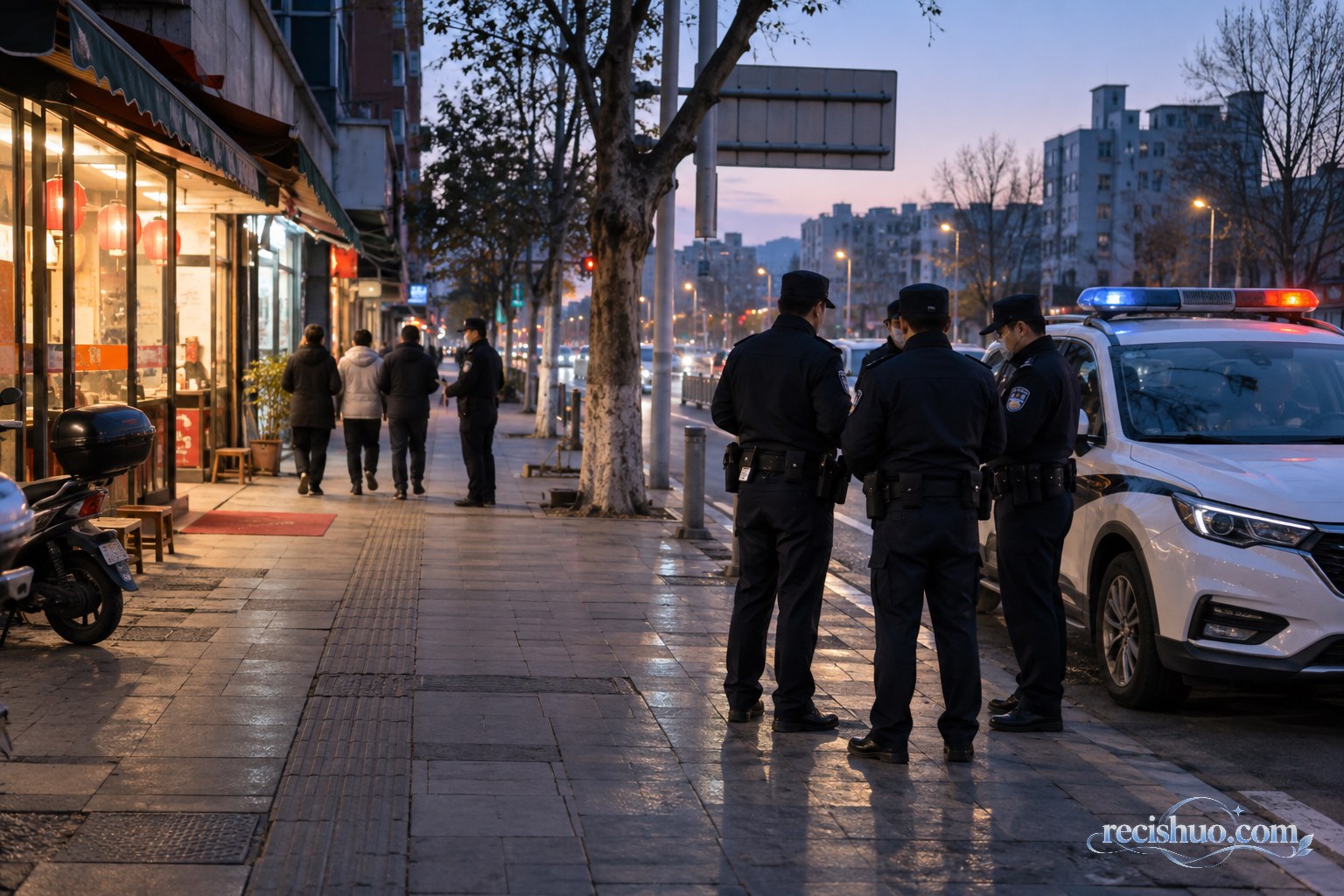 清晨街边民警协同处置警情并护送相关人员离开的场景