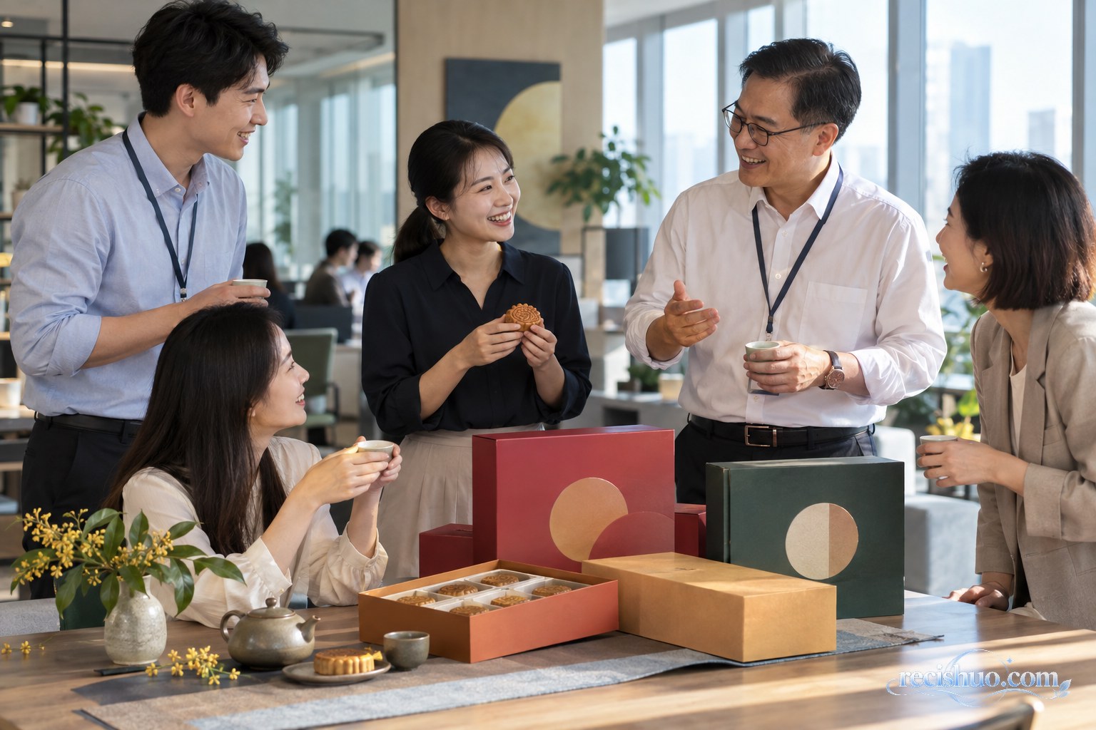 中秋节前,几位职场人在办公室桌边分享月饼并轻松交流