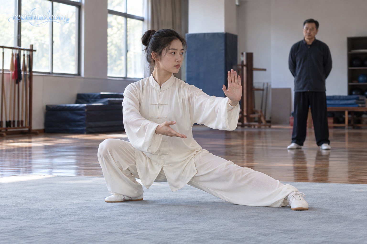 女子武术运动员在训练馆练习太极拳低势平衡动作
