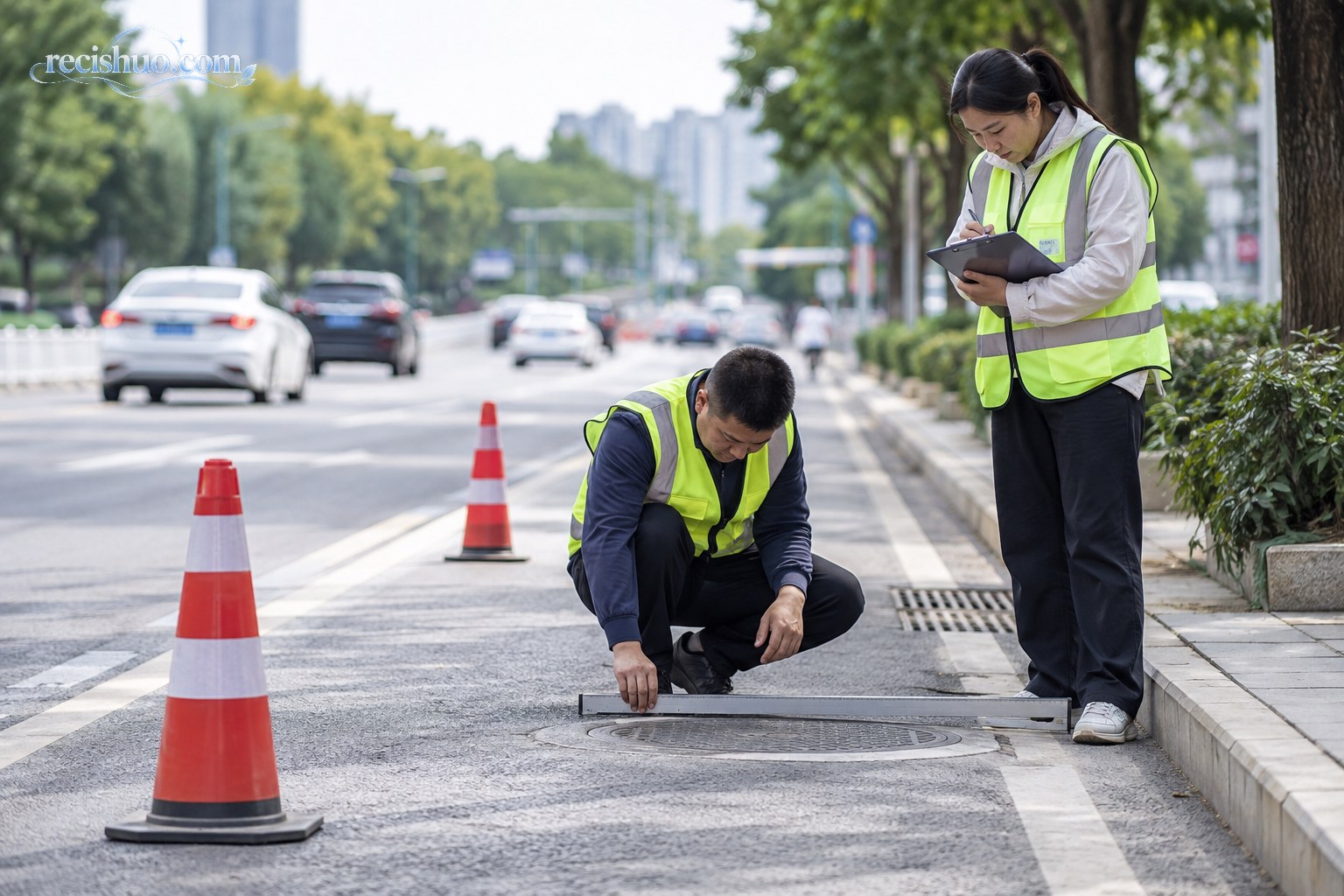 市政巡查人员使用直尺检查井盖与路面的平整度