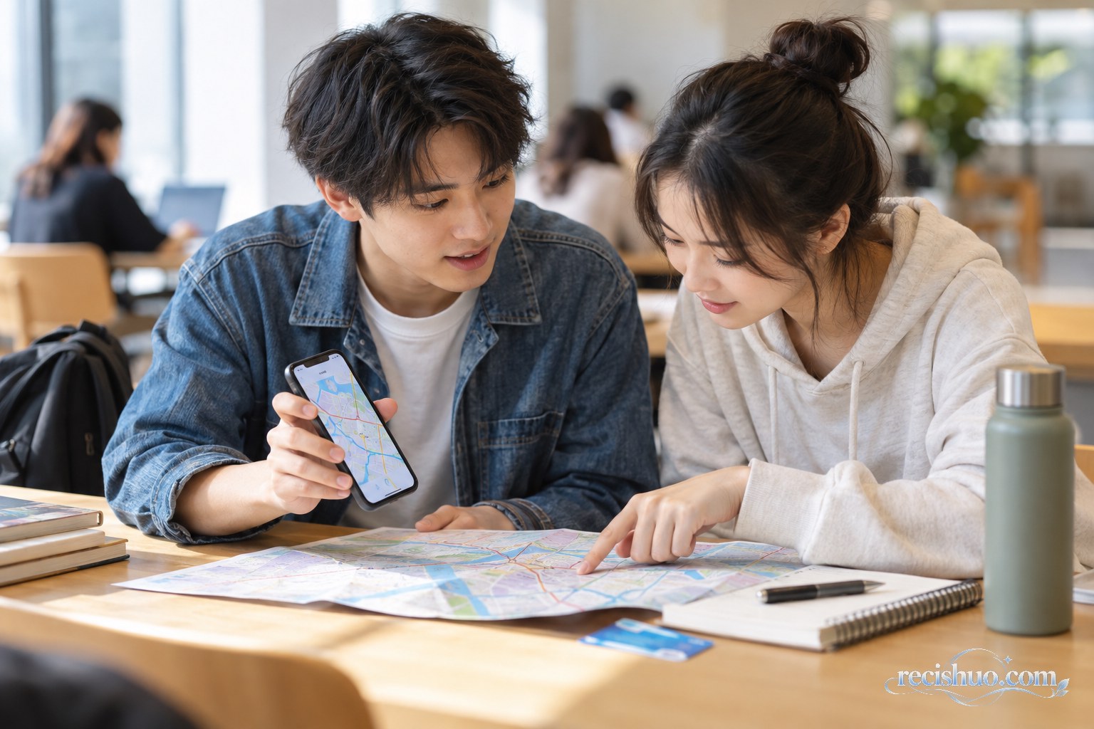 两名年轻人在室内结合手机地图和纸质地图规划公共交通与步行路线