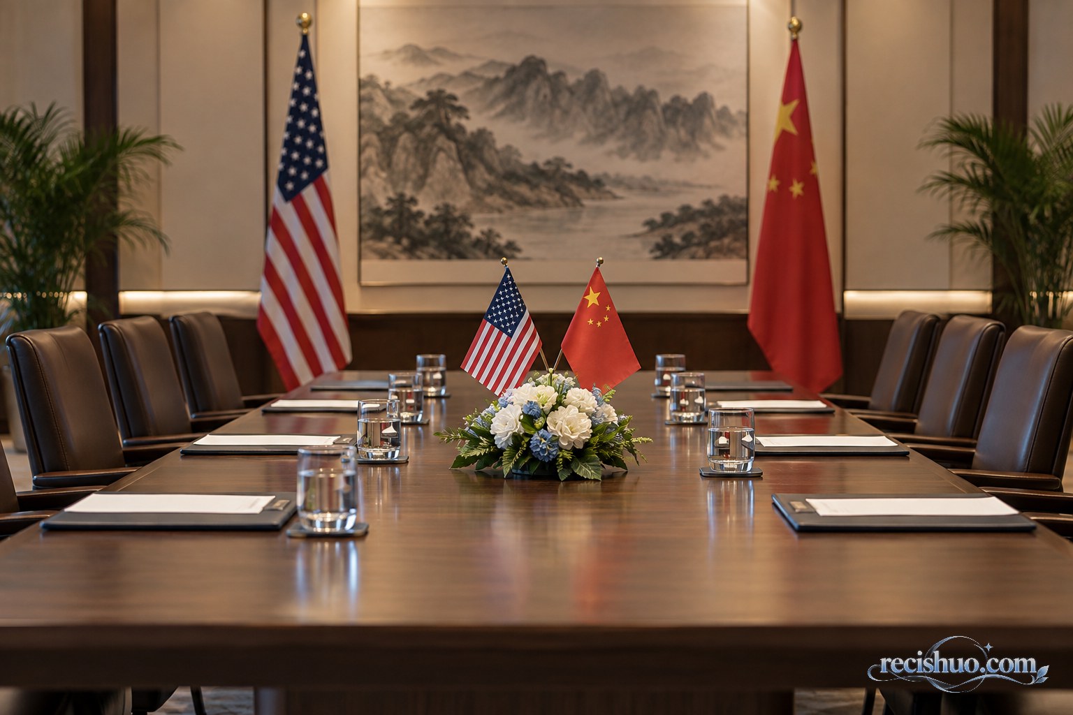 摆有中美两国桌旗、文件夹和水杯的正式会谈室