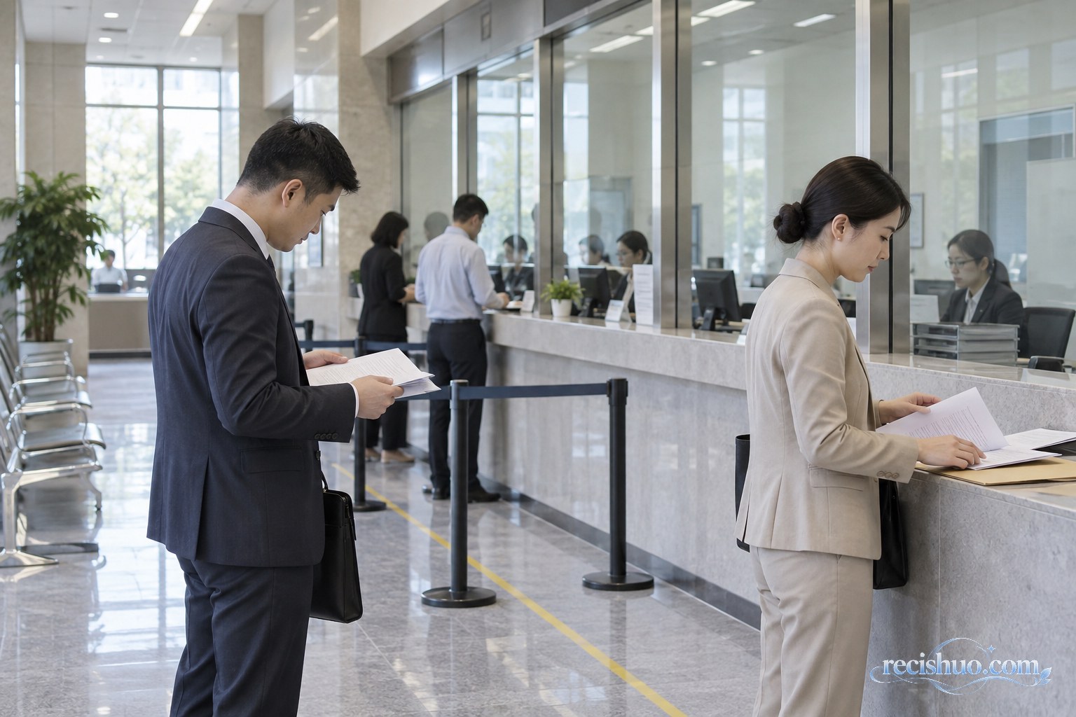 公共法律服务大厅内，人们有序整理并递交文件材料