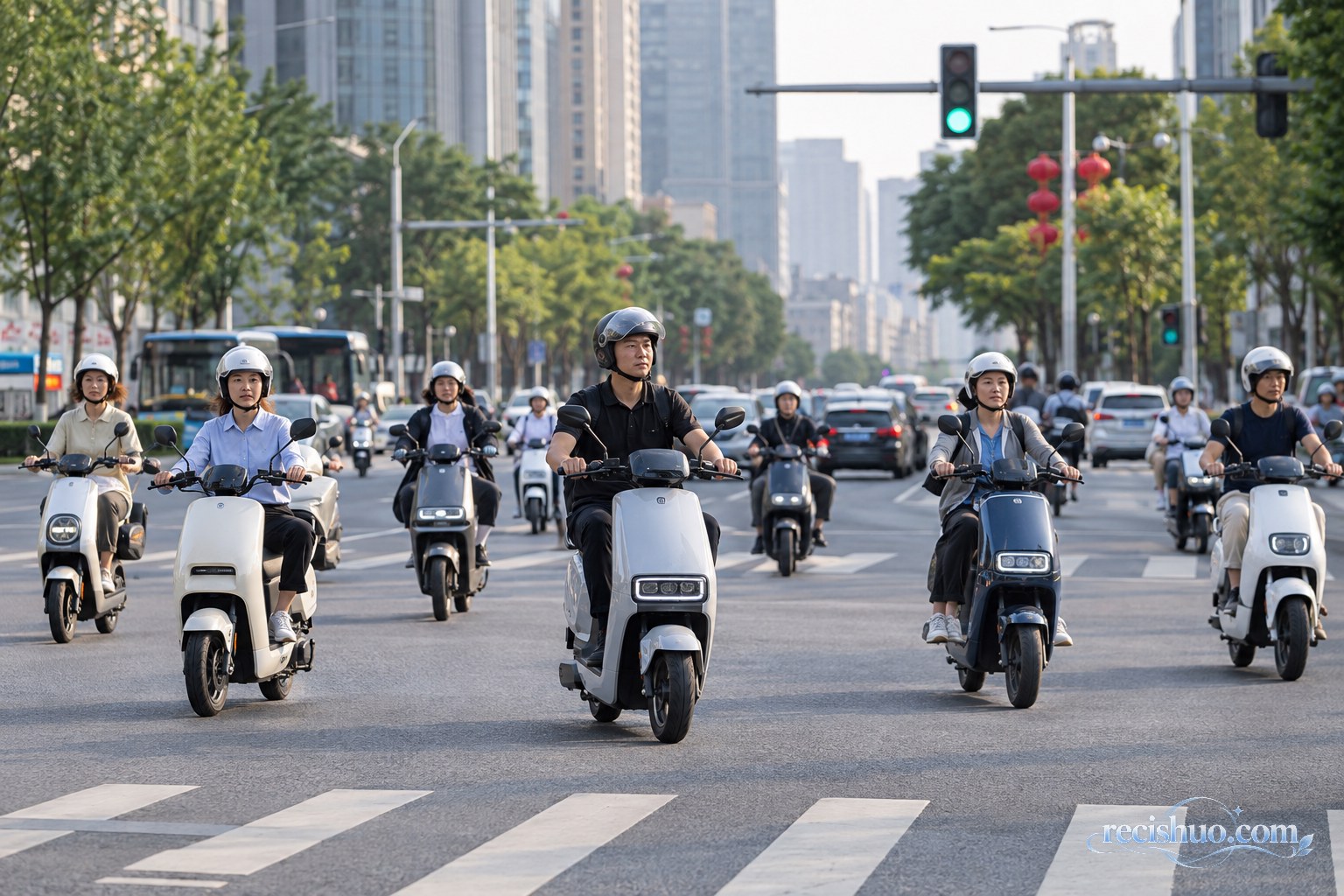 长沙城市道路上佩戴头盔有序通行的电动车骑行者