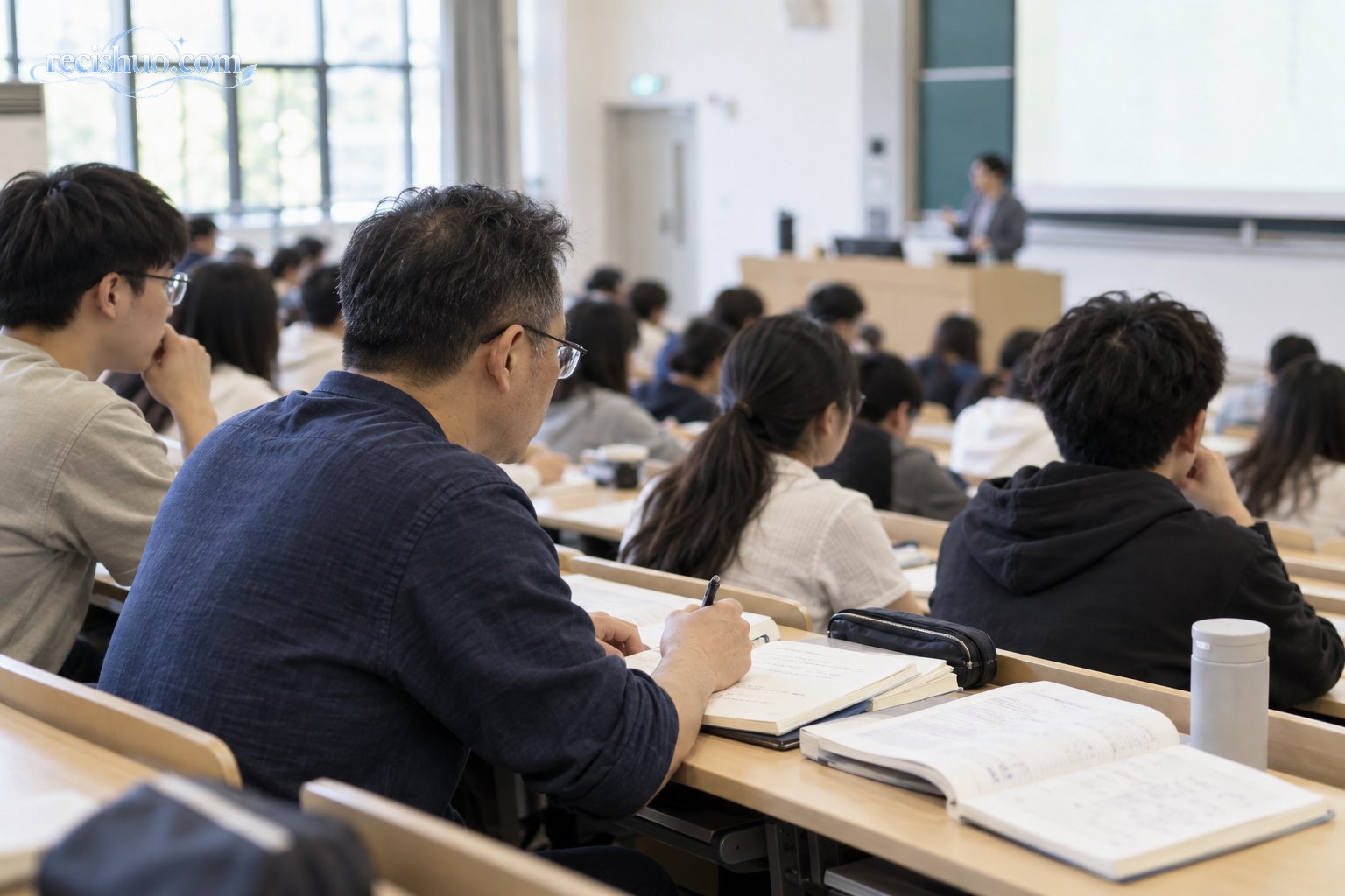 成年学生与年轻同学一起在大学课堂认真听课记笔记