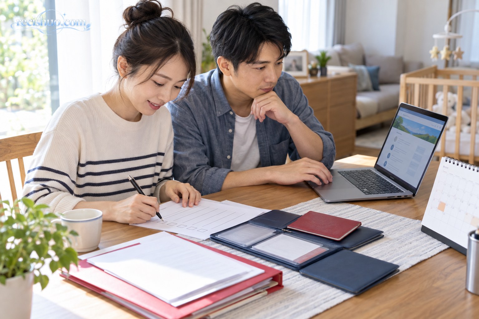 年轻夫妻在家整理申请材料并通过电脑核验政策信息