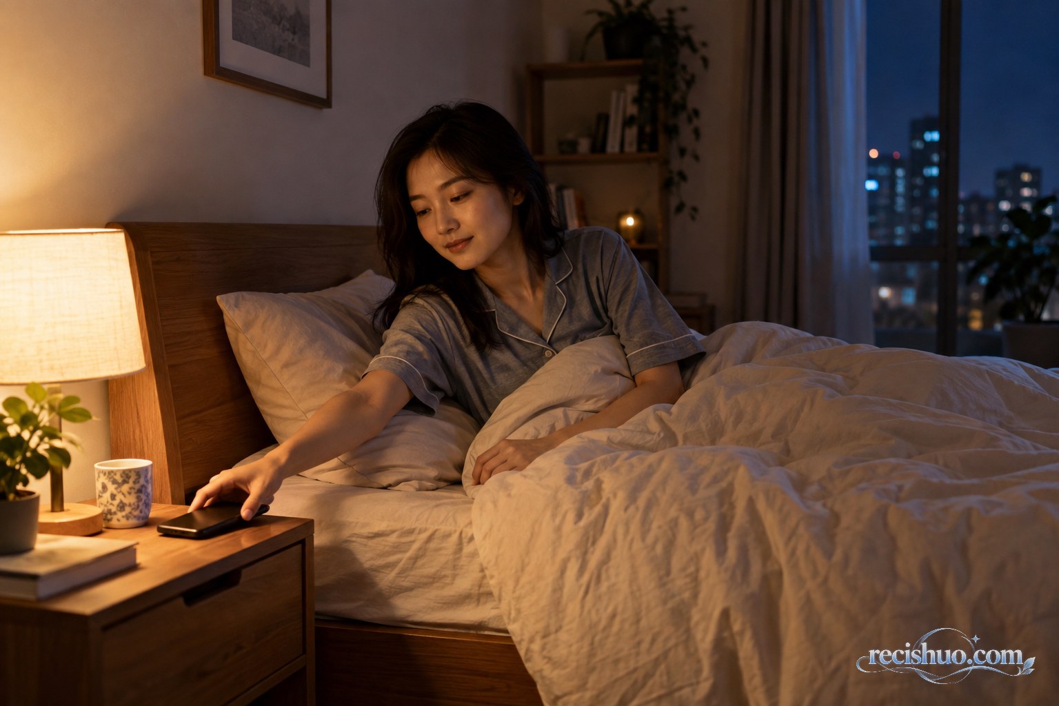 夜晚卧室里一名女性把手机放到床头准备按时入睡