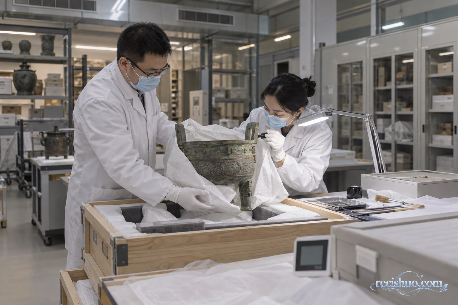中国文物保护人员在博物馆库房拆箱检查归还文物