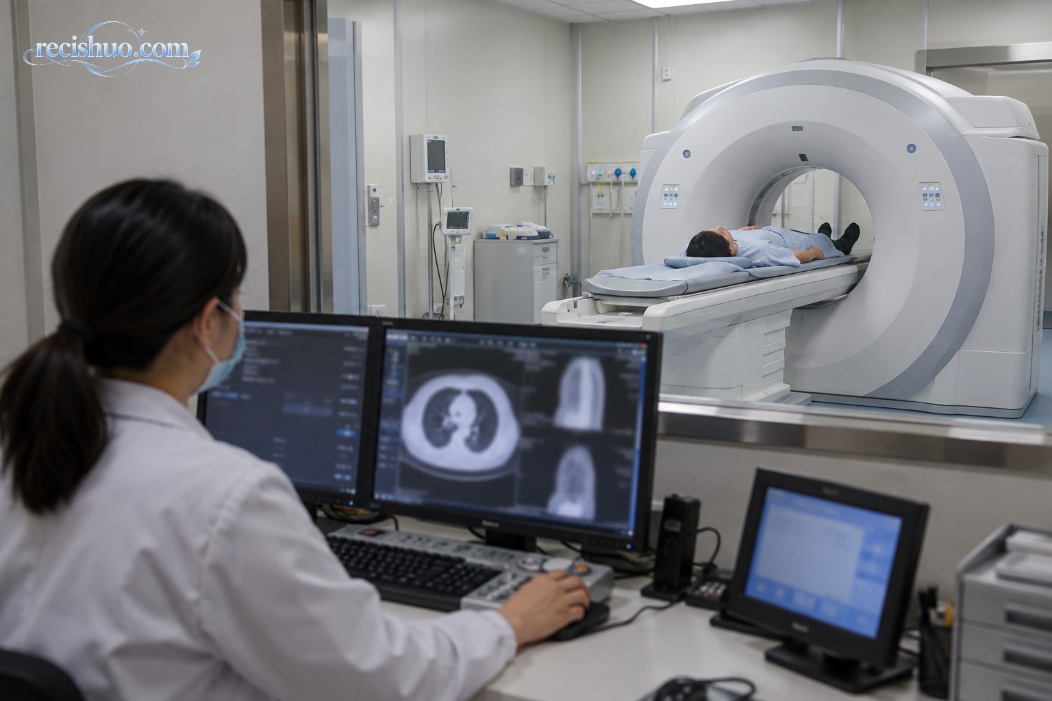 受检者在医院接受胸部CT检查，技师在控制室操作设备