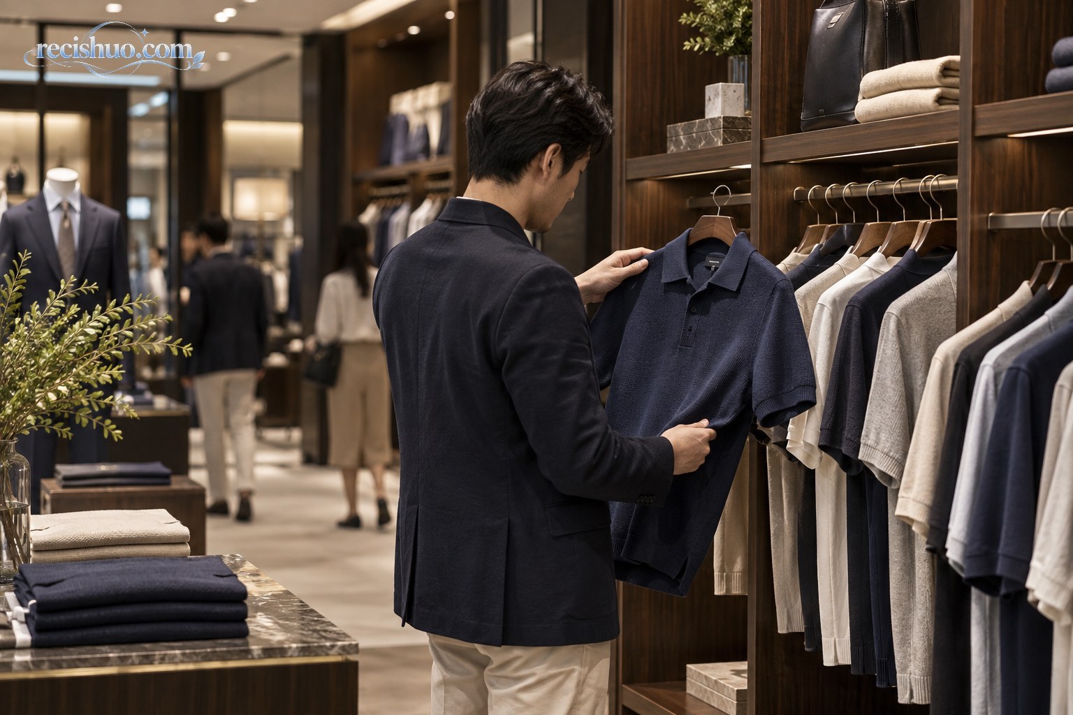 消费者在现代精品男装店内查看深蓝色上衣