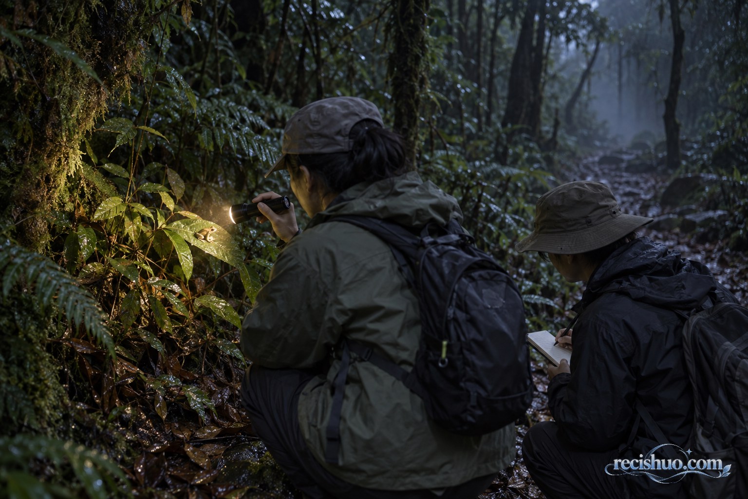 科研人员在湿润山地森林中观察并记录叶片附近的树蛙