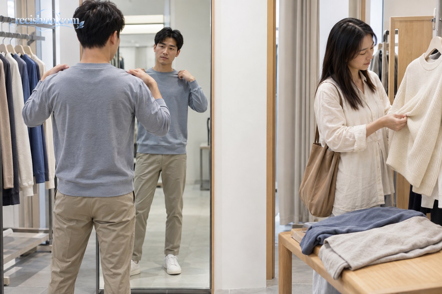 消费者在服装店内试穿并比较不同材质的素色服装