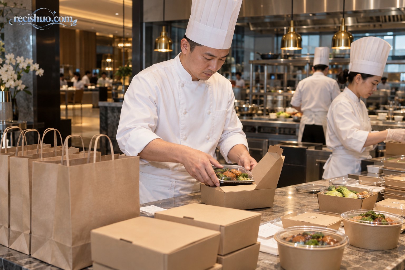 五星级酒店厨师在开放式后厨将中式餐食装入外卖餐盒