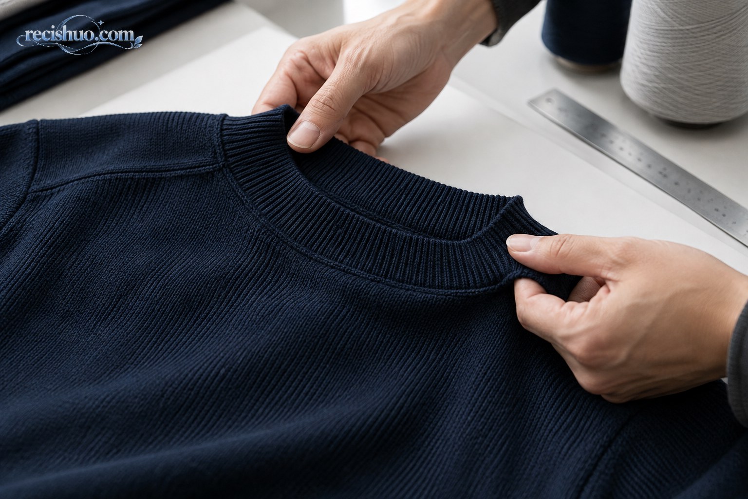 双手在工作台上检查深蓝色针织服装的衣领和缝线