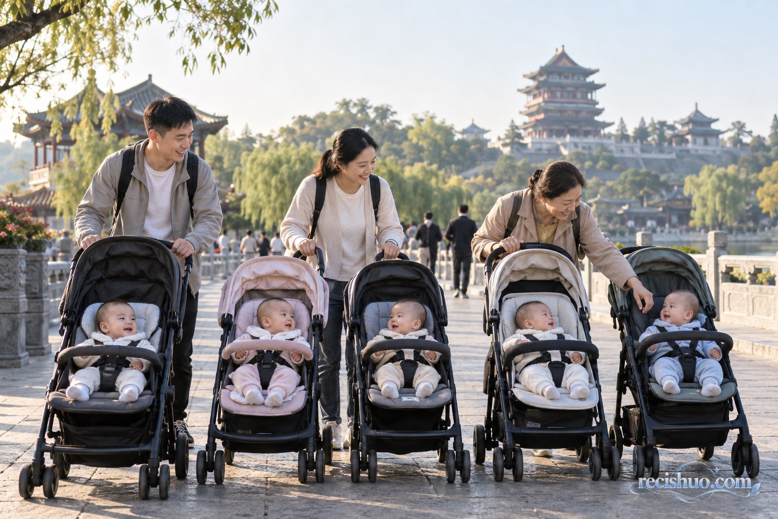 父母与亲属推着五辆婴儿车游览传统名楼景区